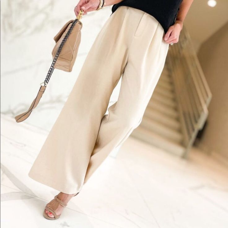 Beige Wide Leg Pants, Rise 16”, Inseam 30”, 97% Polyester, 3% Spandex, Tts Casual Wide Leg Dress Pants For Spring, Spring Casual Wide Leg Dress Pants, Casual Wide-leg Dress Pants For Spring, Chic Beige Pants For Business Casual, Chic Beige Wide Leg Bottoms, Chic Wide Leg Beige Bottoms, Spring Office Wide Leg Ankle-length Pants, Business Casual Wide Leg Ankle-length Pants For Spring, Chic Beige Pants For Office