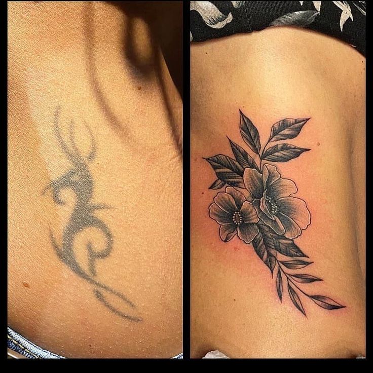 two pictures of tattoos on the side of women's stomachs, one with flowers and leaves