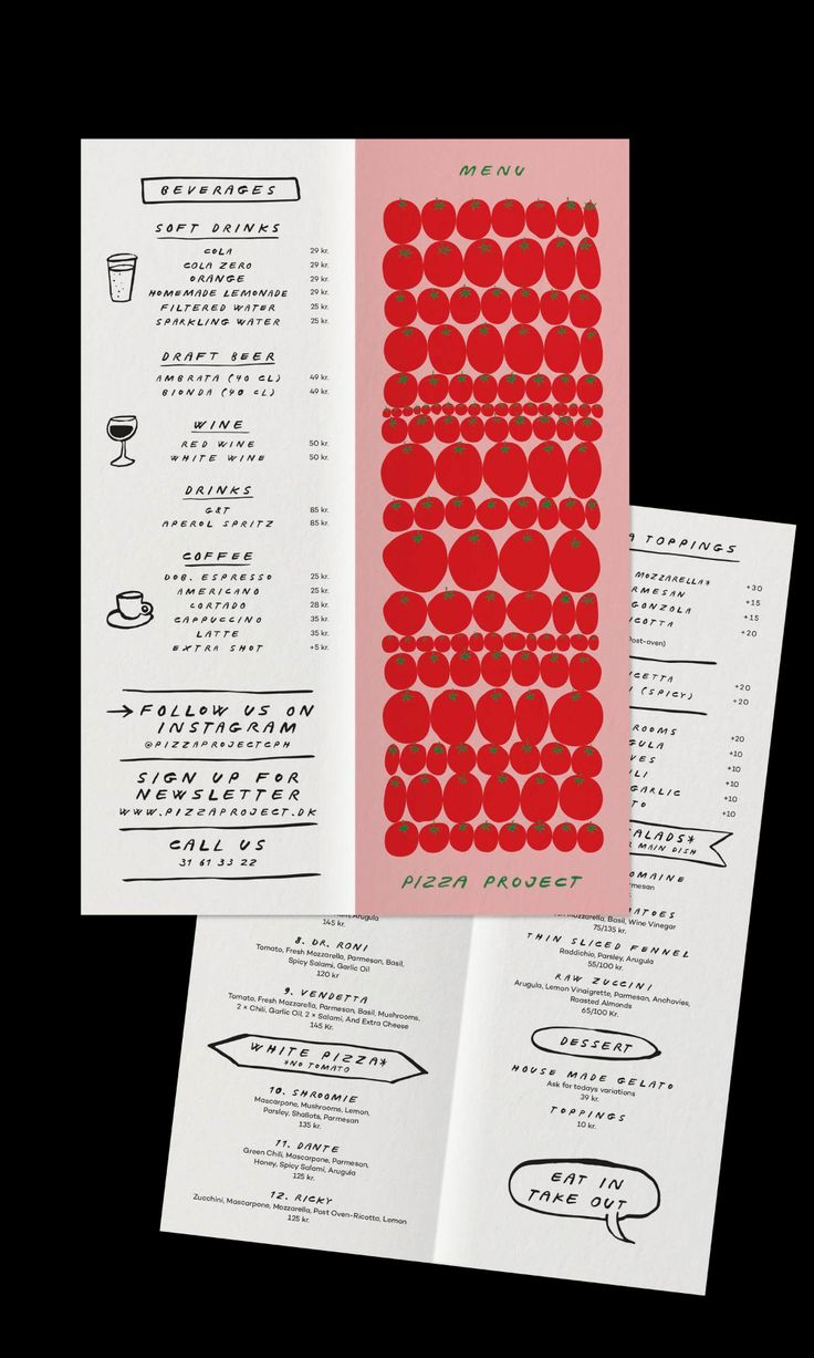 three different types of menus with red and white designs on the inside of them