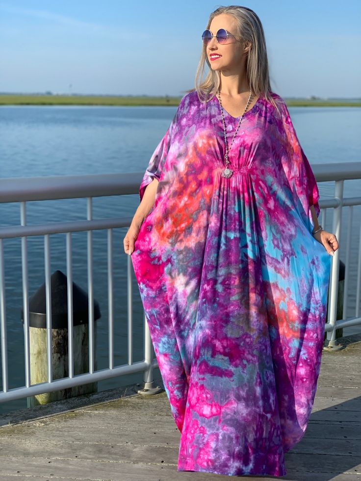 This Boho-chic caftan dress is MADE TO ORDER in 1 week. The caftan styling is free flowing and ONE SIZE FITS MOST. Body length is 58" from top shoulder to hem. Chest width 30" flat (60" circumference) hip width 33" flat (66" circumference) This style is hand-dyed in a variety of colors. The fabric is a soft woven rayon, giving a gorgeous flowing drape. These are dyed in our studio using special dye techniques. Each piece is one of a kind, you will never see another quite the same. We have used p Maxi Dress Boho Chic, Tie Dye Cardigan, Colorful Maxi Dress, Long Black Cardigan, Boho Jacket, Tie Dye Maxi Dresses, Dye Dress, Tie Dye Maxi, Boho Kimono