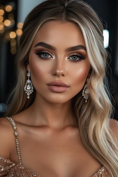 Makeup Ideas Bronze Look, Hair Styles For Evening Dress, Fall Bridesmaids Makeup, Day And Night Makeup Looks, Glam Prom Makeup Looks, Photoshoot Glam Makeup, Champagne Glam Makeup, Bridesmaid Makeup Glam, Hollywood Glam Wedding Makeup