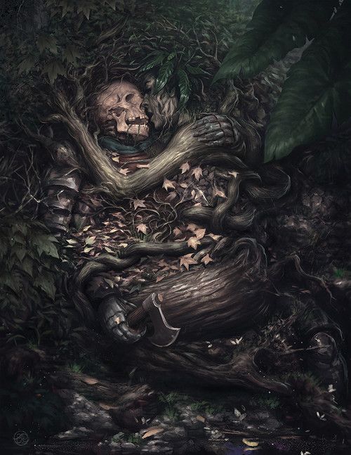 a painting of a skeleton sitting in the middle of a forest filled with green leaves