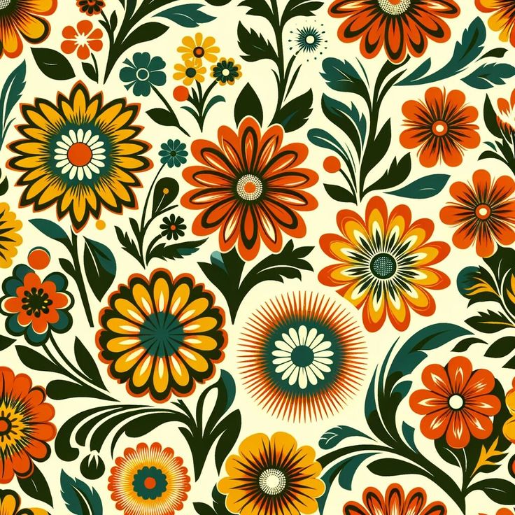 an orange and green flower pattern on a white background, with many smaller flowers in the center