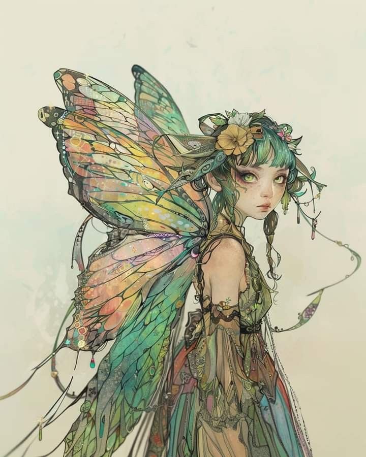 a drawing of a fairy with wings and flowers on her head, standing in front of a white background