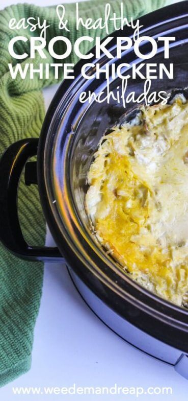 crockpot white chicken enchiladas in a slow cooker with text overlay