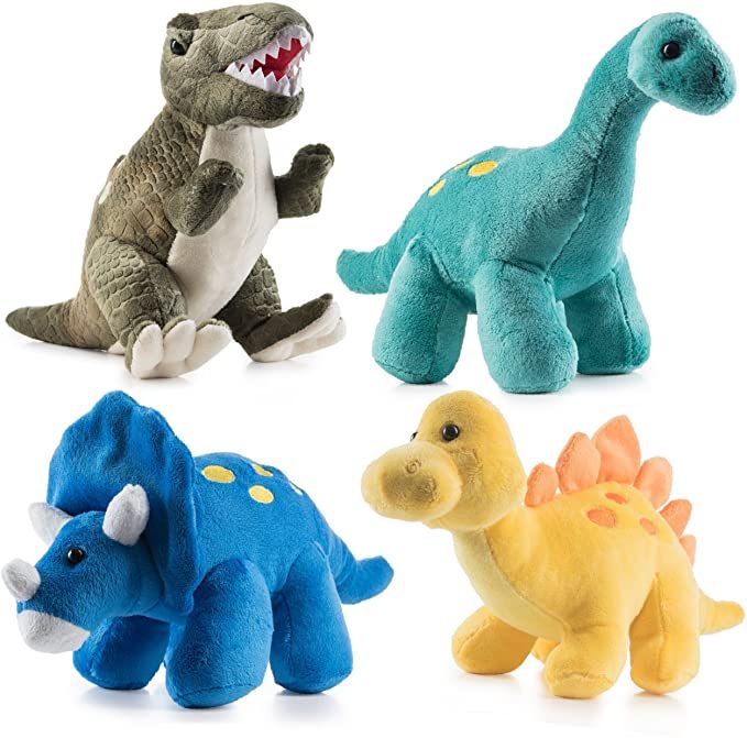 four stuffed dinosaurs in different colors and sizes