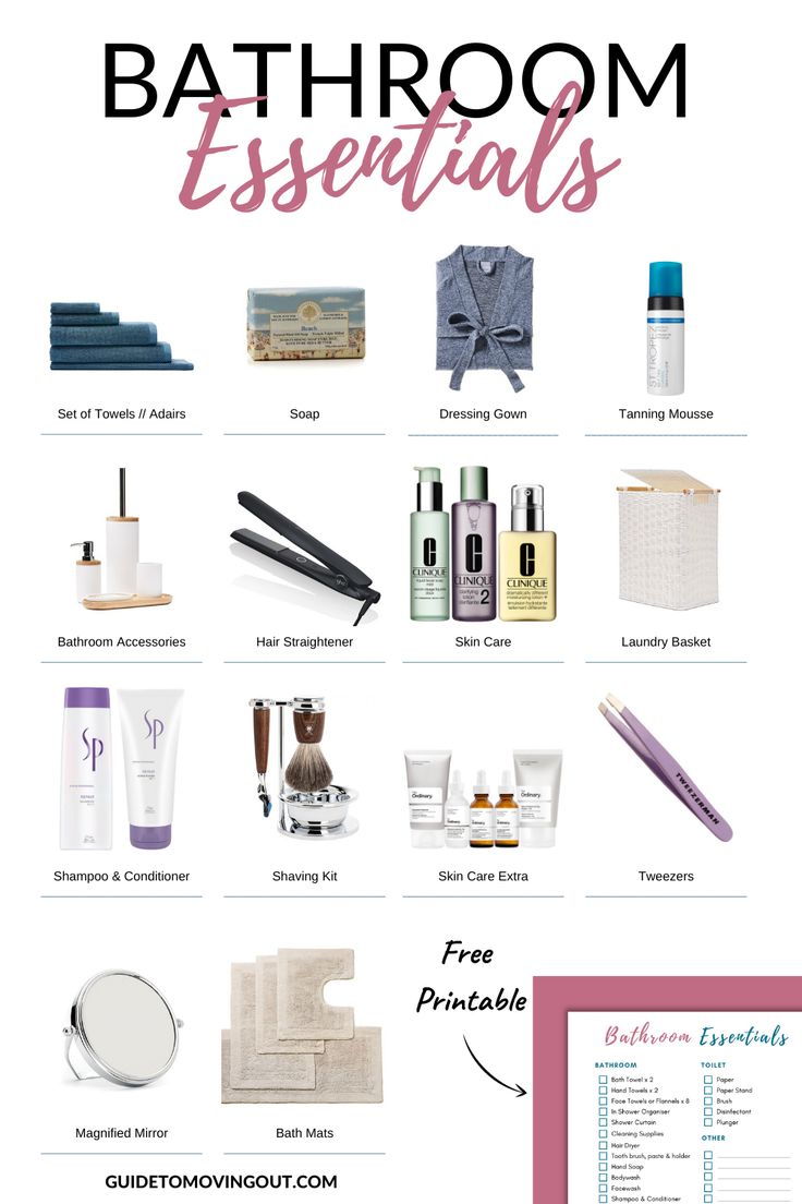 the bathroom essentials list is shown in pink and white