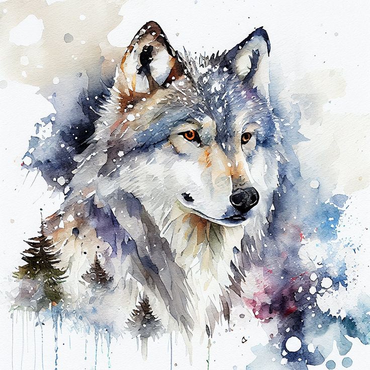 a watercolor painting of a wolf in the snow