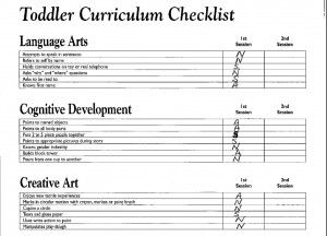 an image of a child's art teacher's workbook with the title toddler curriculum checklist