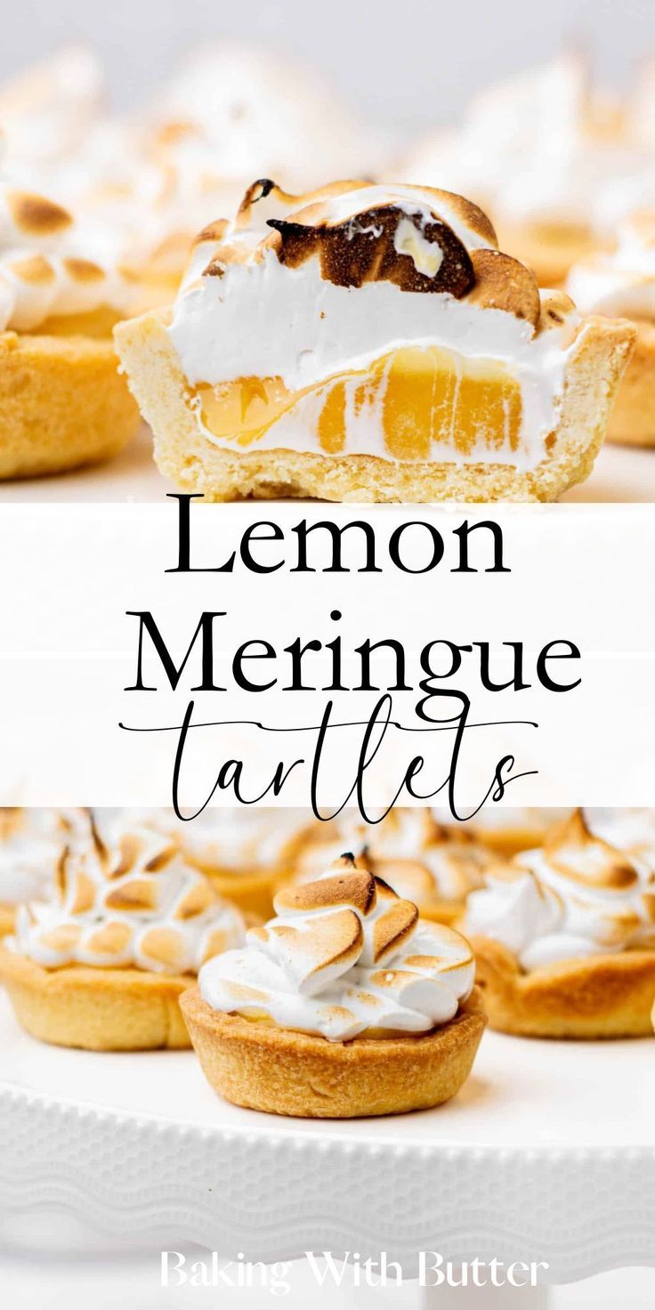 lemon meringue tartles on a white plate with the title overlay