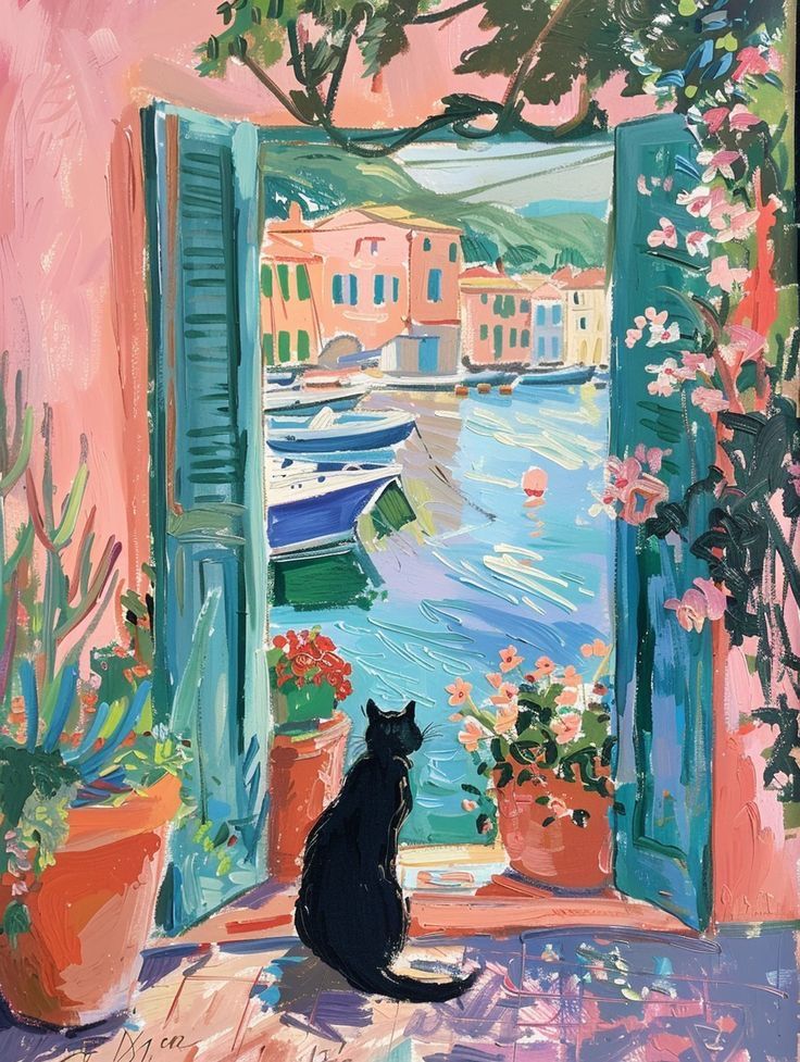 a painting of a cat sitting in front of an open window looking out at the water