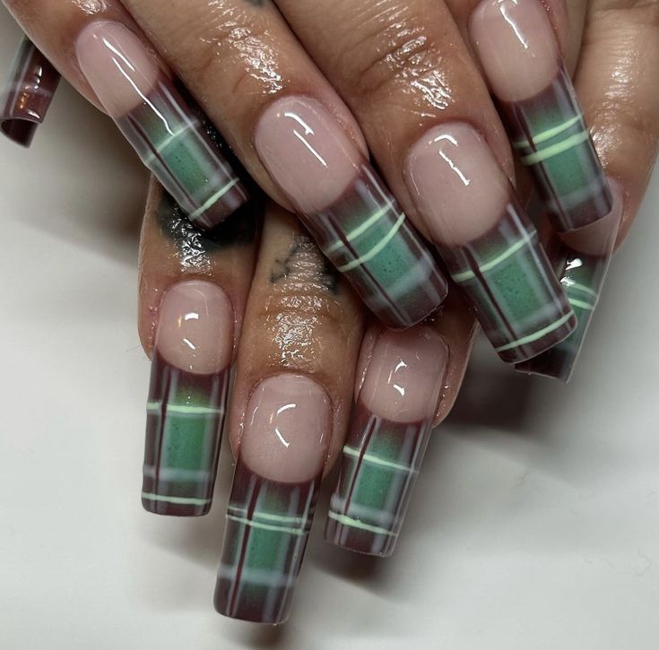 Plaid French Nails, Cute Nails Square Medium, Dramatic French Tip Nails, 90s Acrylics, Fall Junk Nails, Pearlized Nails, Funky Nails Square, Old School Nail Designs 90s, Plaid French Tip Nails