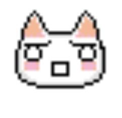 the face of a cat with pink cheeks and eyes is shown in pixel art style