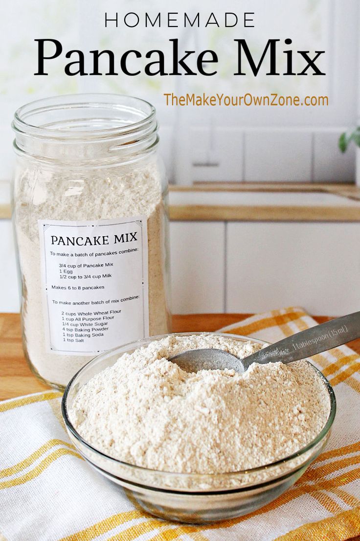 homemade pancake mix in a glass bowl with a spoon