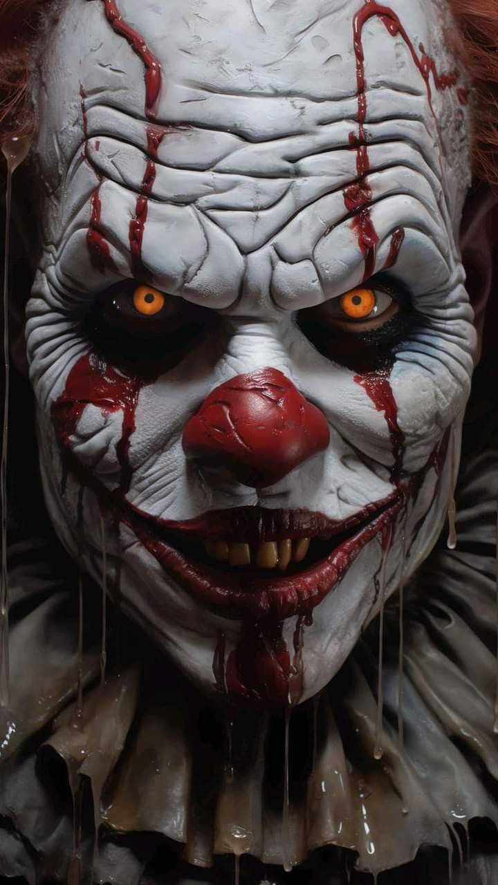 an evil clown with red hair and orange eyes is staring at the camera while dripping blood on his face