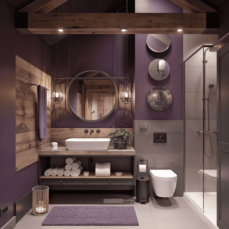 a bathroom with purple walls and white fixtures, including a round mirror above the sink