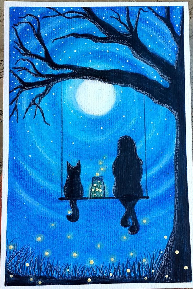 a painting of two cats sitting on a swing in front of a tree at night