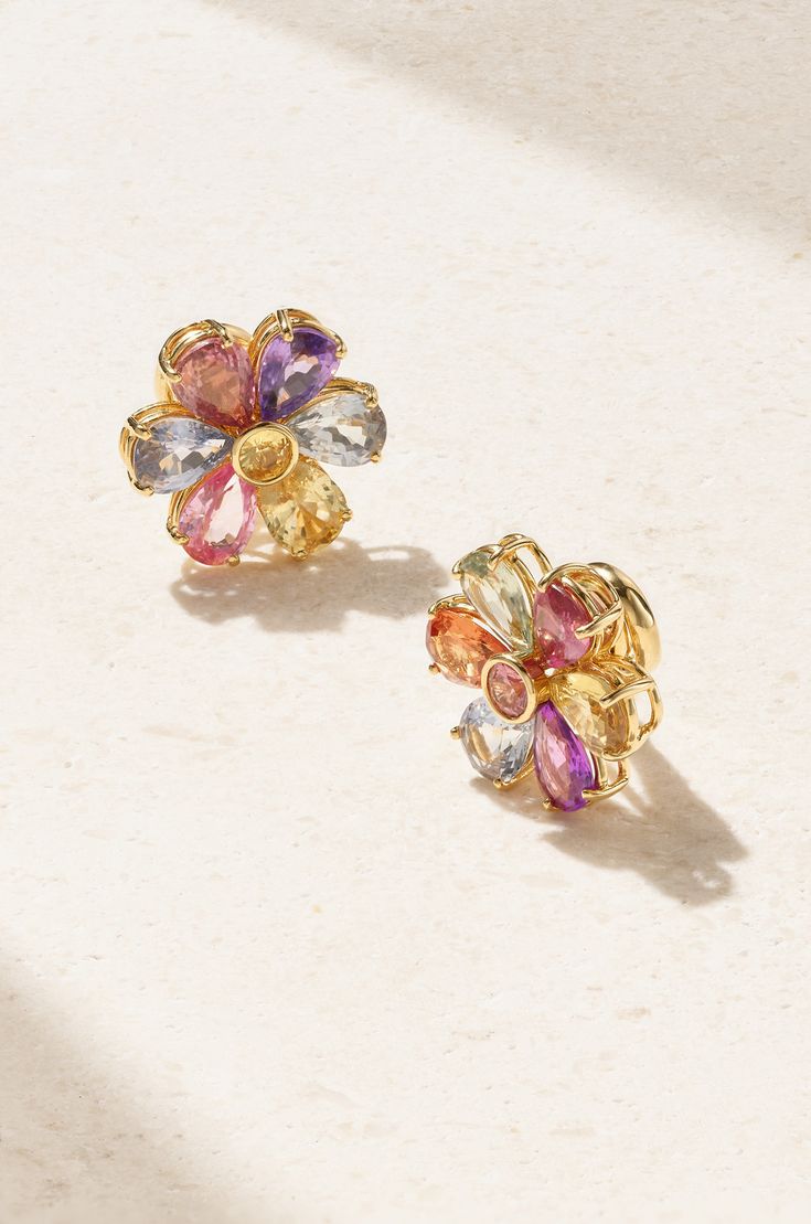 Each of Bayco's designs are one-of-a-kind, so you'll never be caught in the same piece as someone else. These earrings are handcrafted from 18-karat gold cast in the shape of pretty flowers and set with faceted sapphires in a variety of soft, colorful hues. Luxury Multi-stone Earrings, Luxury Multi-stone White Gold Earrings, Luxury White Gold Multi-stone Earrings, Luxury Multicolor Earrings For Formal Occasion, Luxury Multicolor Diamond Earrings, Formal Multicolor Clip-on Earrings, Luxury Multi-stone Earrings For Anniversary, Formal Yellow Gold Multi-stone Earrings, Exquisite Multi-stone Yellow Gold Earrings