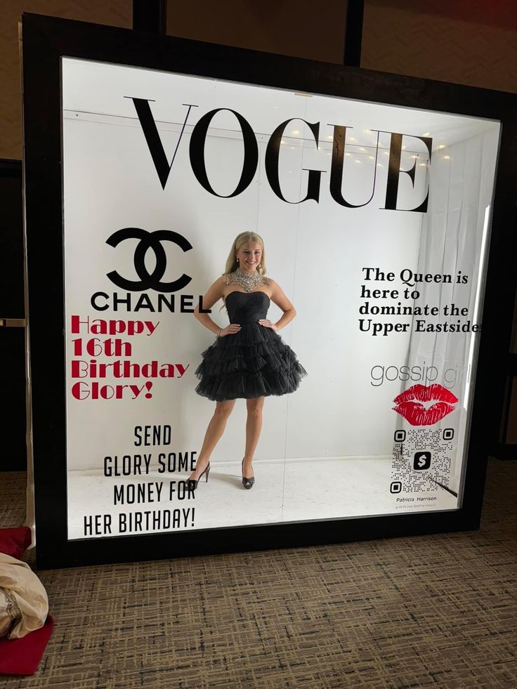 a woman in a short black dress on the cover of a magazine with an advertisement for her birthday