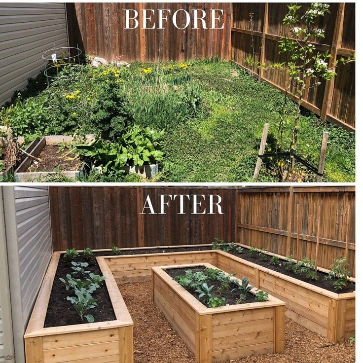 before and after pictures of a raised garden bed with plants growing in the bottom right corner