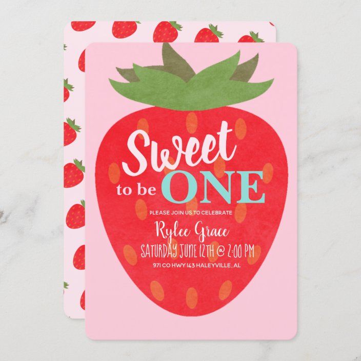 a strawberry birthday party card with the words two sweet on it