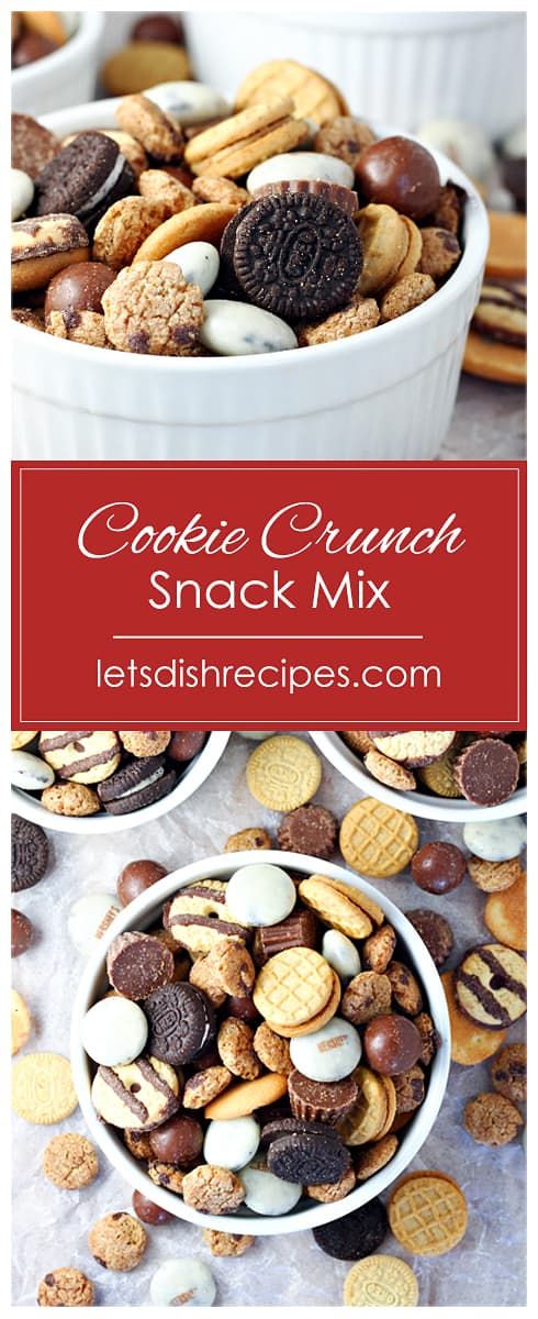 cookies and crackers snack mix in white bowls on a table with red text that reads cookie crunch snack mix