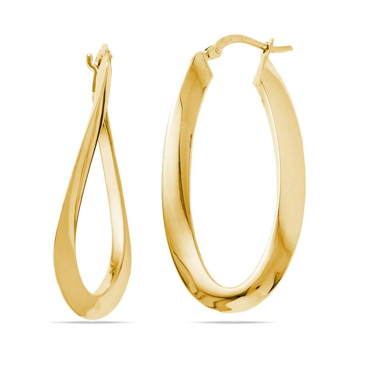 A twist design adds a unique spin to the classic oval hoop earrings in 14k yellow gold. Handmade in Italy. Elegant Oval Hoop Earrings With Shiny Finish, Elegant Oval Hoop Earrings Hallmarked, Elegant Oval Hallmarked Hoop Earrings, 14k Gold Oval Hoop Earrings, Oval 14k Gold Hoop Earrings, Classic Oblong Hoop Earrings, Yellow Gold Oblong Hoop Earrings, Yellow Gold Oblong Earrings, Elegant Yellow Gold Oval Link Hoop Earrings