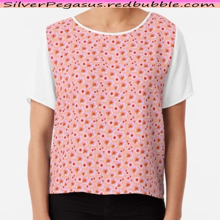 "Mini Floral Peach Orange" Chiffon Top by SilverPegasus. Woman wearing a short sleeves top, designed with a delicate small floral pattern with mini flowers in orange and pink on a pastel peach background. Floral Chiffon Top, Orange Chiffon, Peach Orange, Lightweight Tops, Floral Chiffon, Floral Style, Print Tops, Festival Fashion, Chiffon Tops