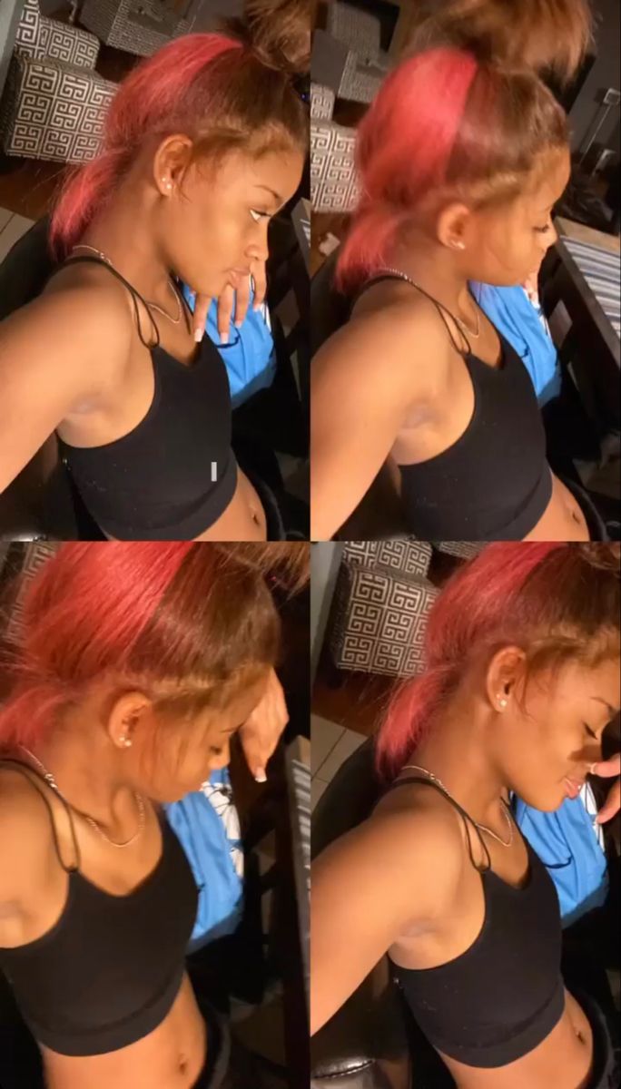 Dyed Pink Natural Hair, Pink And Brown Natural Hair Black Women, Brown And Pink Hair Natural, Ginger With Pink Skunk Stripe, Light Brown Hair With Pink Skunk Stripe, Bleach Hairstyle Ideas, Dyed Hair 2 Colors, Ginger And Pink Skunk Stripe, Two Toned Dyed Hair