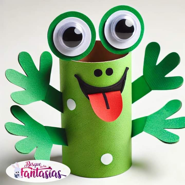 a green tube with googly eyes and tongue sticking out from it's mouth