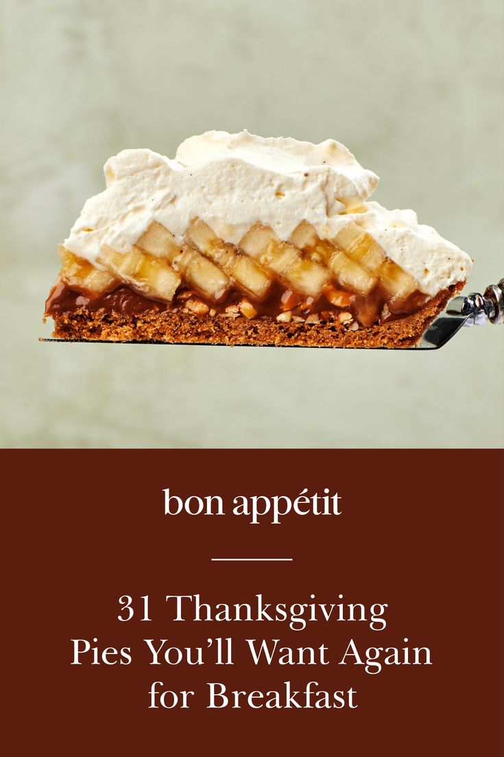 a piece of pie with whipped cream on top and the words bon appetit 31 thanksgiving