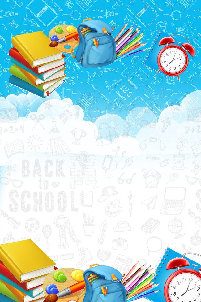 back to school background with books, backpack and alarm clock in the sky above clouds