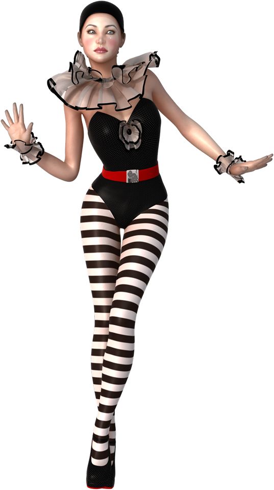 a woman dressed in black and white striped tights with her hands out to the side