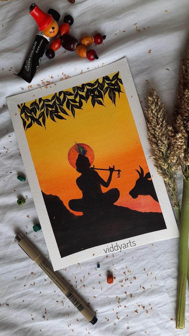 Silhouette watercolor painting with sunset background Krishna Silhouette Painting, Krishna Ji Easy Painting, Lord Krishna Easy Paintings, Devotional Art Painting, Krishna Easy Canvas Painting, Watercolor Art Krishna, Canvas Painting Ideas Krishna Easy, Drawing Lord Krishna, Easy Painting Of Krishna