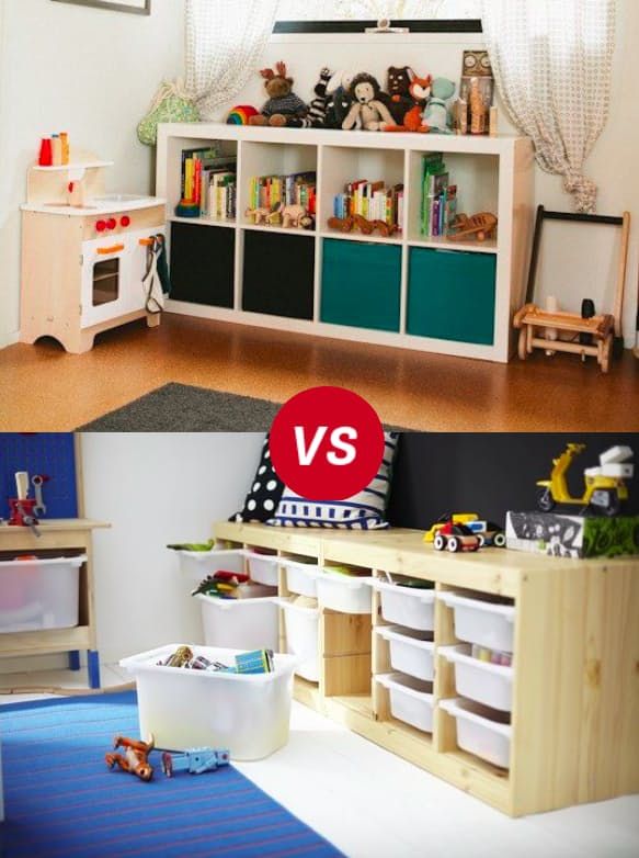 two photos side by side, one with toys and the other with toy bins