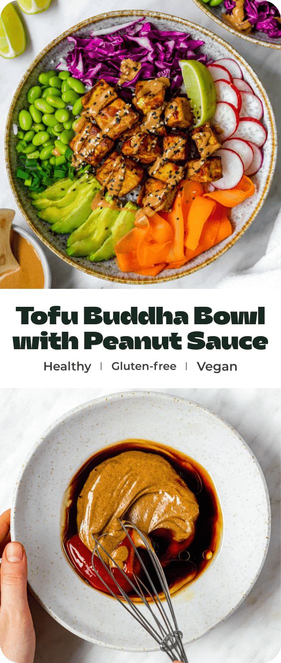 the top view of a bowl with peanut sauce and vegetables in it, next to a hand holding a whisk