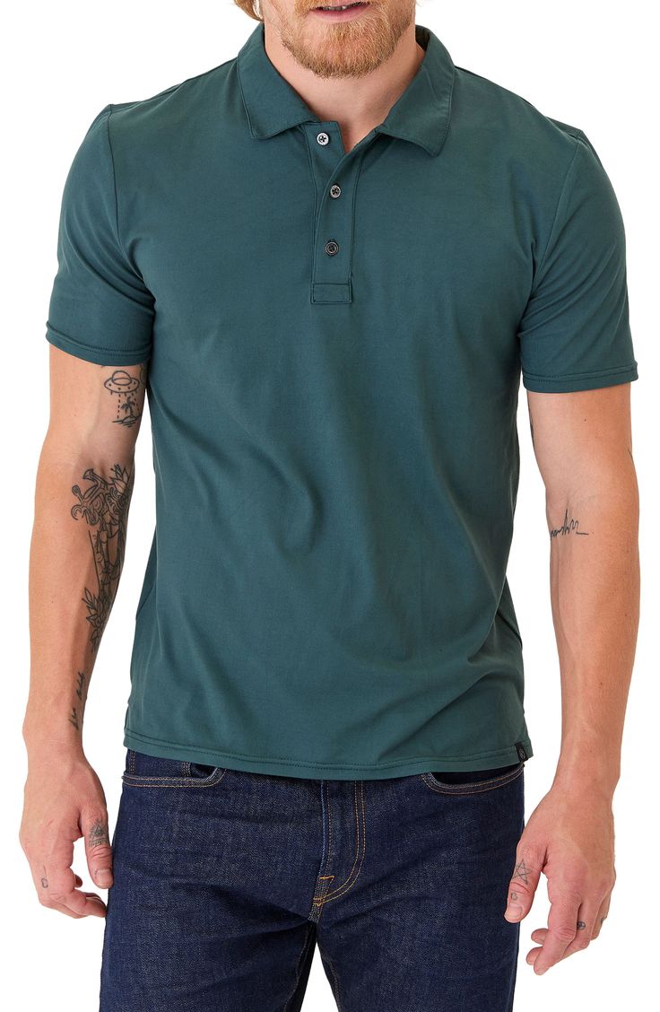 Smart-casual and comfortable, this classic-fit polo is cut from soft, stretchy jersey made with recycled materials to add to the feel-good style. 28" length   Spread collar   Short sleeves   92% recycled polyester, 8% spandex   Machine wash, tumble dry   Imported Fitted Collared Polo Shirt For Everyday, Casual Cotton Polo Shirt With Seamless Collar, Casual Stretch Cotton Polo Shirt, Casual T-shirt With Seamless Collar, Fitted Casual Polo Shirt, Solid Cotton Top For Golf, Cotton Tops For Golf, Casual Solid Color Polo Shirt For Everyday, Casual Green Tops For Golf