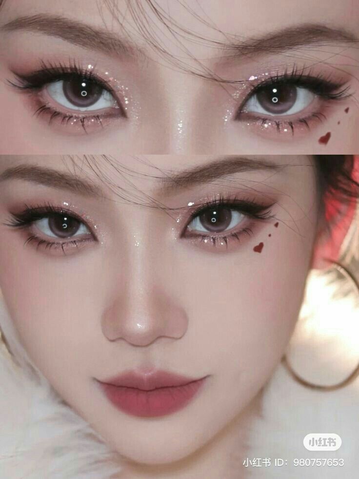 Wedding Makeup For Monolids, Makeup Ideas Glitter Sparkle, Make Up Look For Prom, Valentines Douyin Makeup, Korean Eyelook, Korean Winter Makeup, Ateez Inspired Makeup, Kpop Stage Makeup, Eyelook Ideas