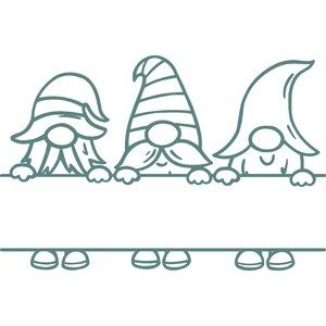 three gnomes sitting at a long table with hats on their heads, one wearing a hat