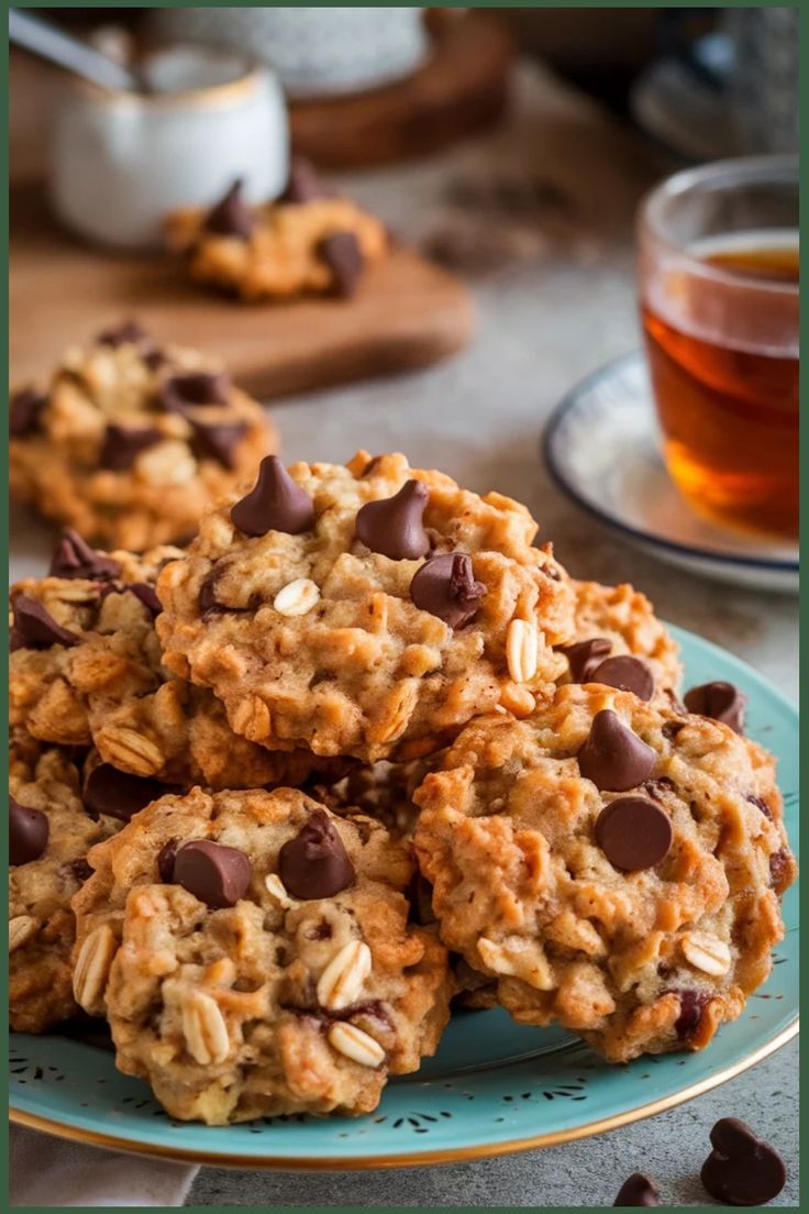 chocolate chip oatmeal cookies on a blue plate