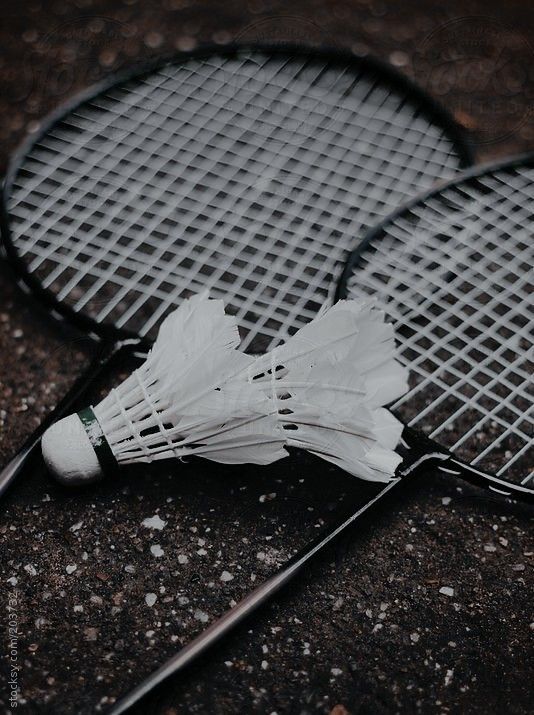 two tennis racquets laying on the ground with white feathers attached to them