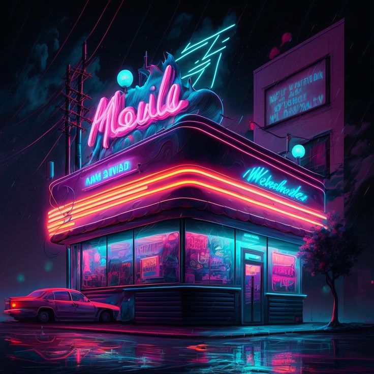 a neon lit building with cars parked in front