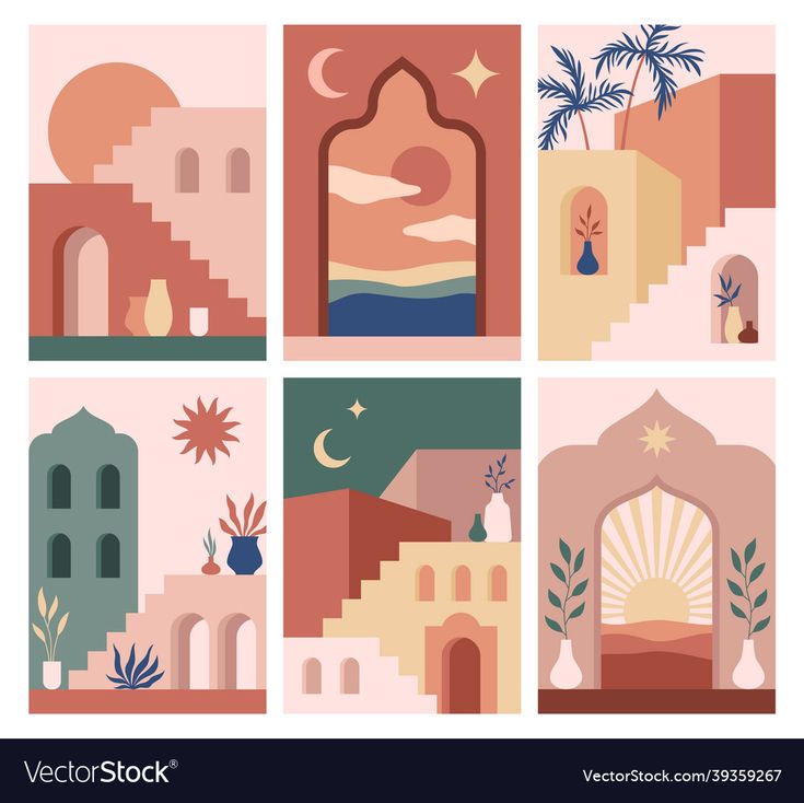 four different colored buildings with palm trees and moon in the sky, on a white background