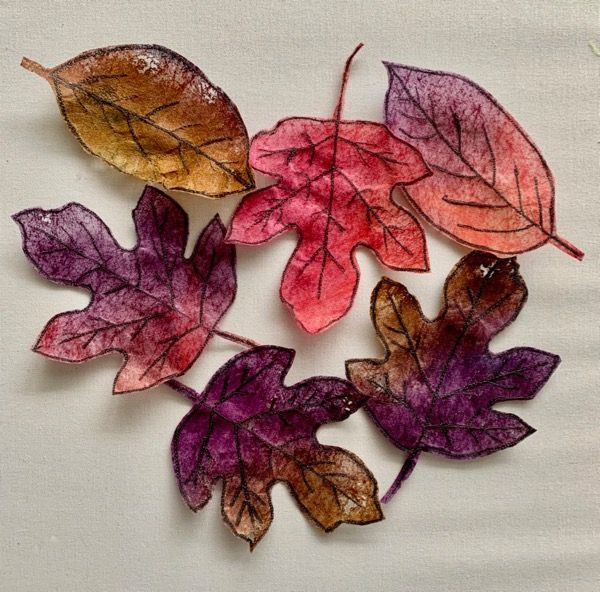 four different colored leaves on a white surface