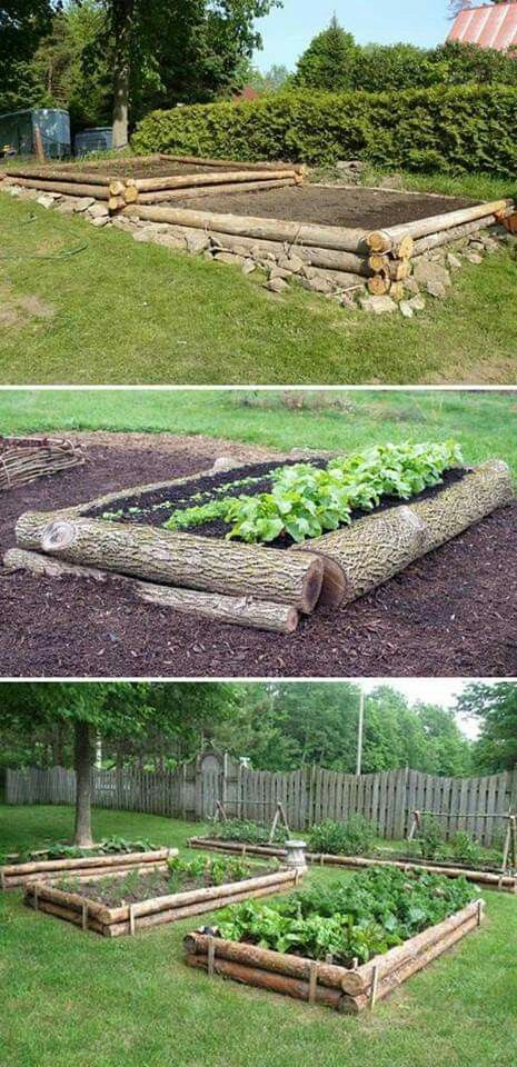 the garden is made out of logs and has plants growing in it, as well as some