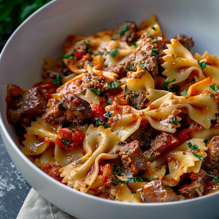 a white bowl filled with pasta and meat on top of a table next to a napkin