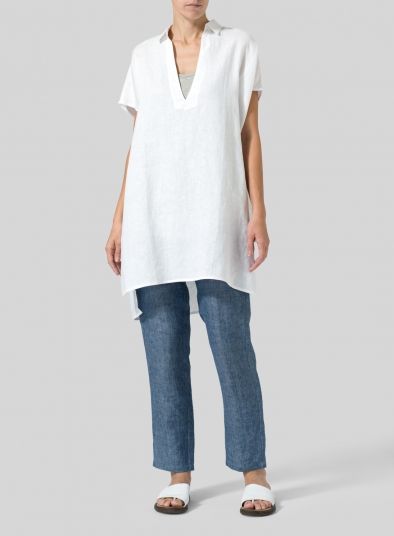 Linen Short Sleeve Deep V-Neck Tunic - Plus Size Versatile Summer Tunic With Relaxed Fit, Casual Tunic Top For Loungewear, Summer Tunic Tops For Loungewear, Casual Summer Tunic With Split Neck, Chic Split Neck Top For Vacation, Casual V-neck Tunic For Spring, Relaxed V-neck Blouse For Vacation, Casual Summer V-neck Top With Split Neck, Casual Linen Tunic Top