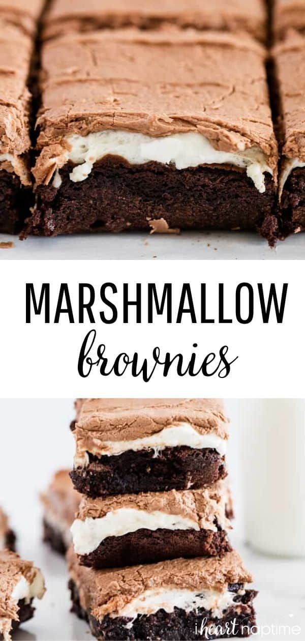 chocolate marshmallow brownies are stacked on top of each other with white frosting