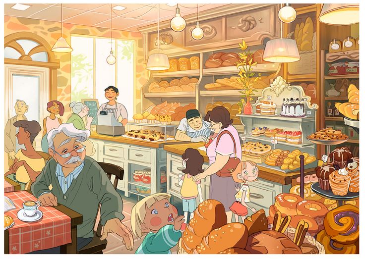 an illustration of people in a bakery with many baked goods on display behind the counter