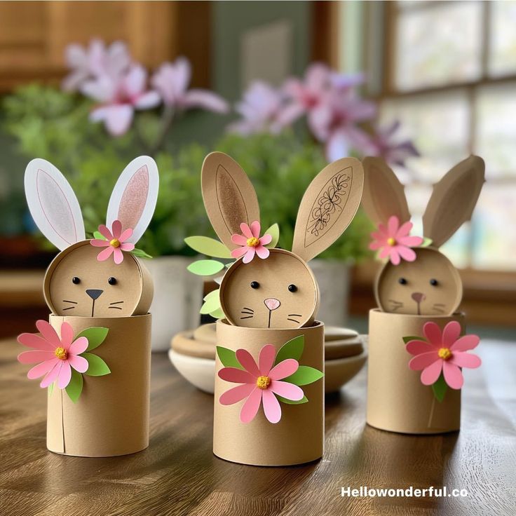 three paper bunnies with bunny ears and flowers in them on top of a table